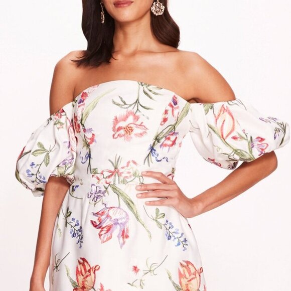 Marchesa Notte embroidered ivory floral puff sleeve Alex off shoulder dress 0 - Picture 9 of 12